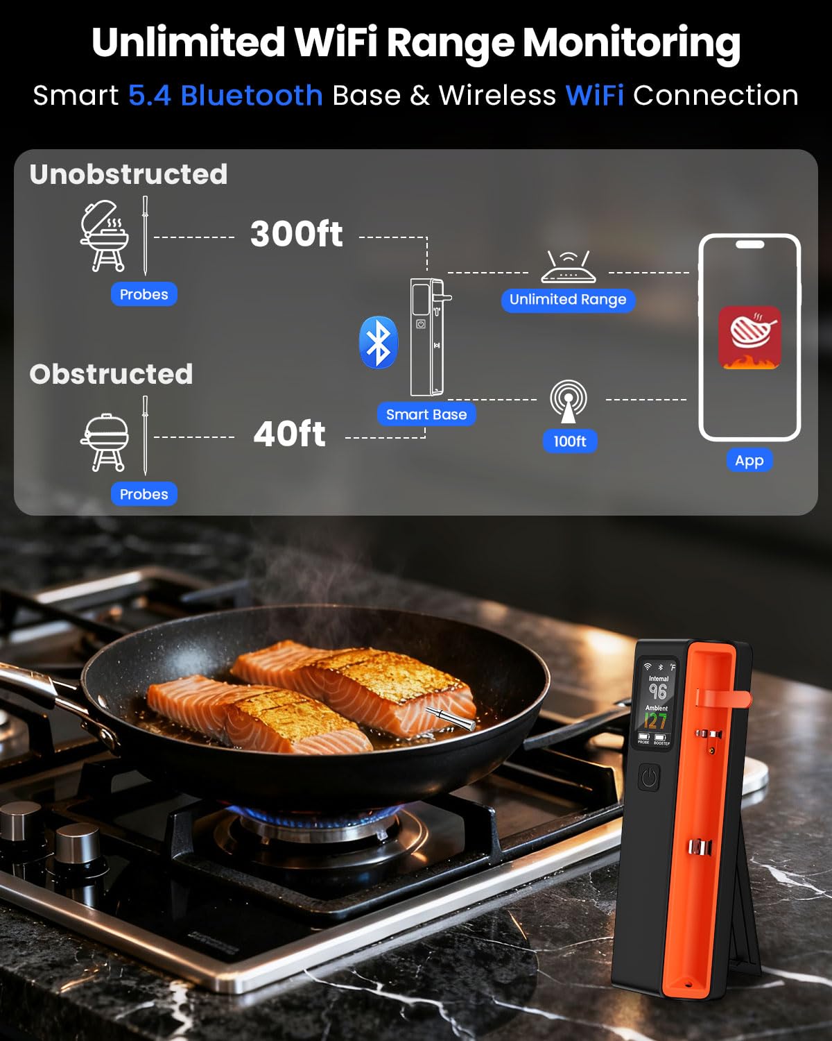Ambient sensor tracks grill or oven environment during cooking sessions.