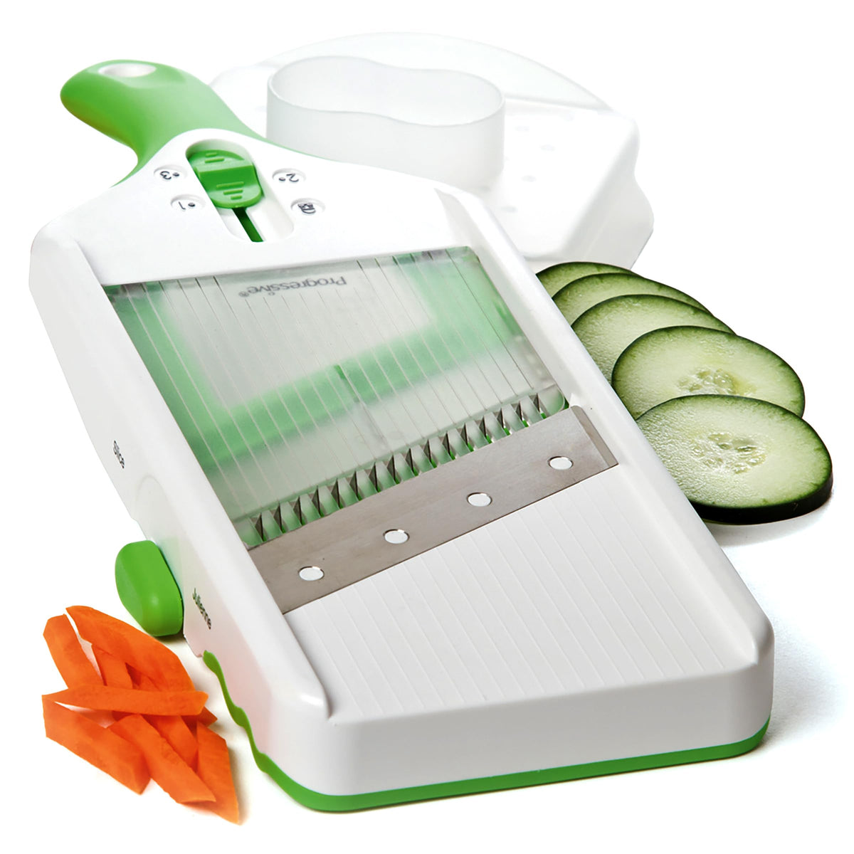 Progressive Adjust-A-Slice mandoline over bowl for precise, even slices.