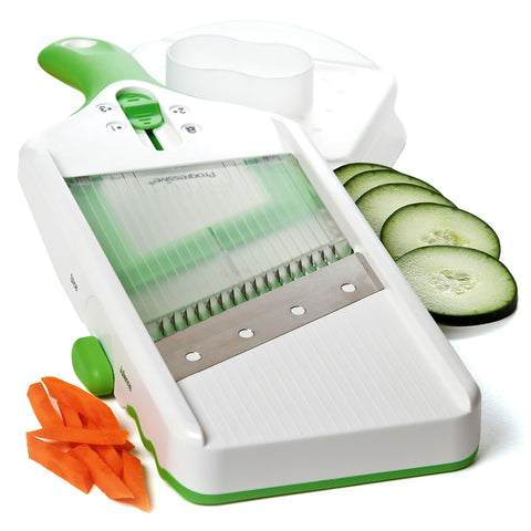 Progressive Adjust-A-Slice mandoline over bowl for precise, even slices.