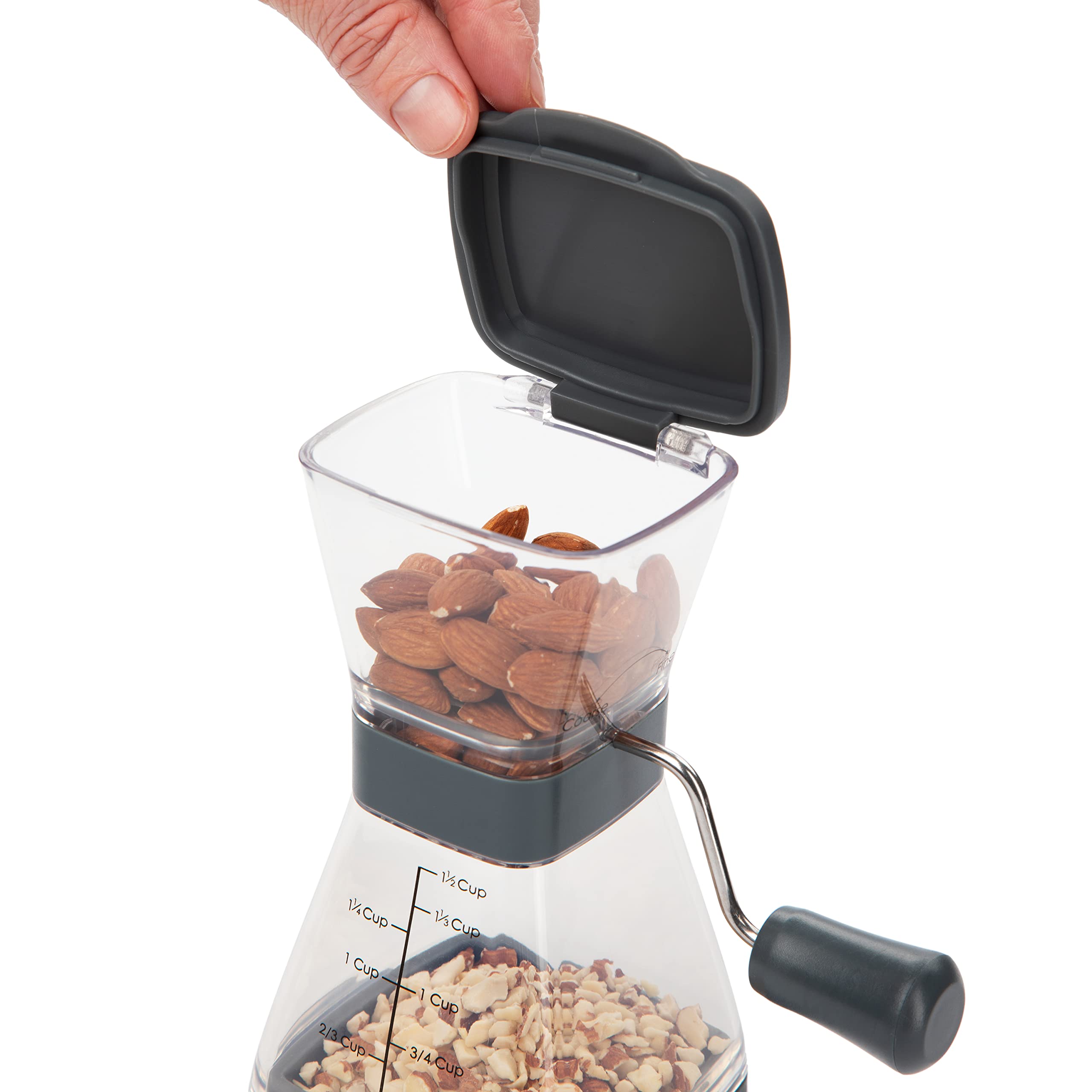 Progressive Nut Chopper adjustable grind for fine or coarse nuts.