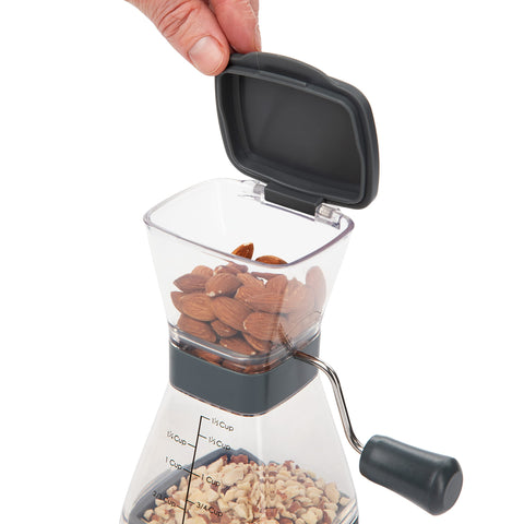 Progressive Nut Chopper adjustable grind for fine or coarse nuts.