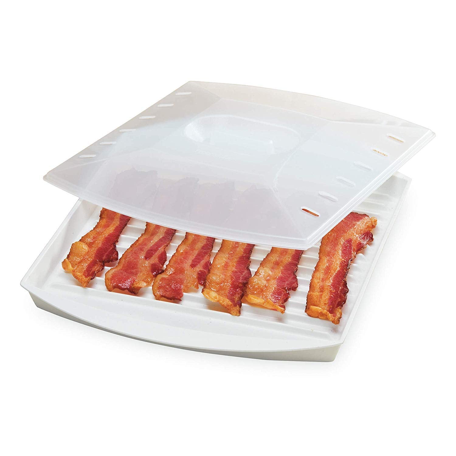 Progressive PrepSolutions microwave bacon grill with vented cover for cleaner bacon and easy cleanup.