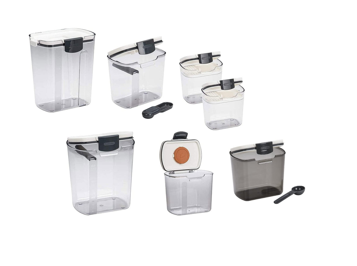Progressive ProKeeper Bakers airtight canisters for flour and sugar with multicolor lids keep ingredients fresh and organized.