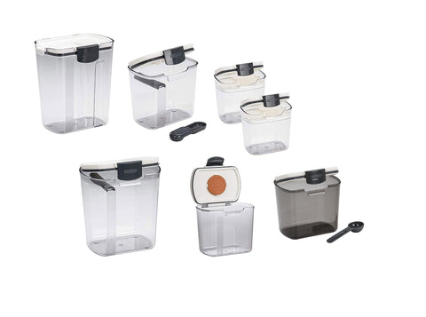 Progressive ProKeeper Bakers airtight canisters for flour and sugar with multicolor lids keep ingredients fresh and organized.
