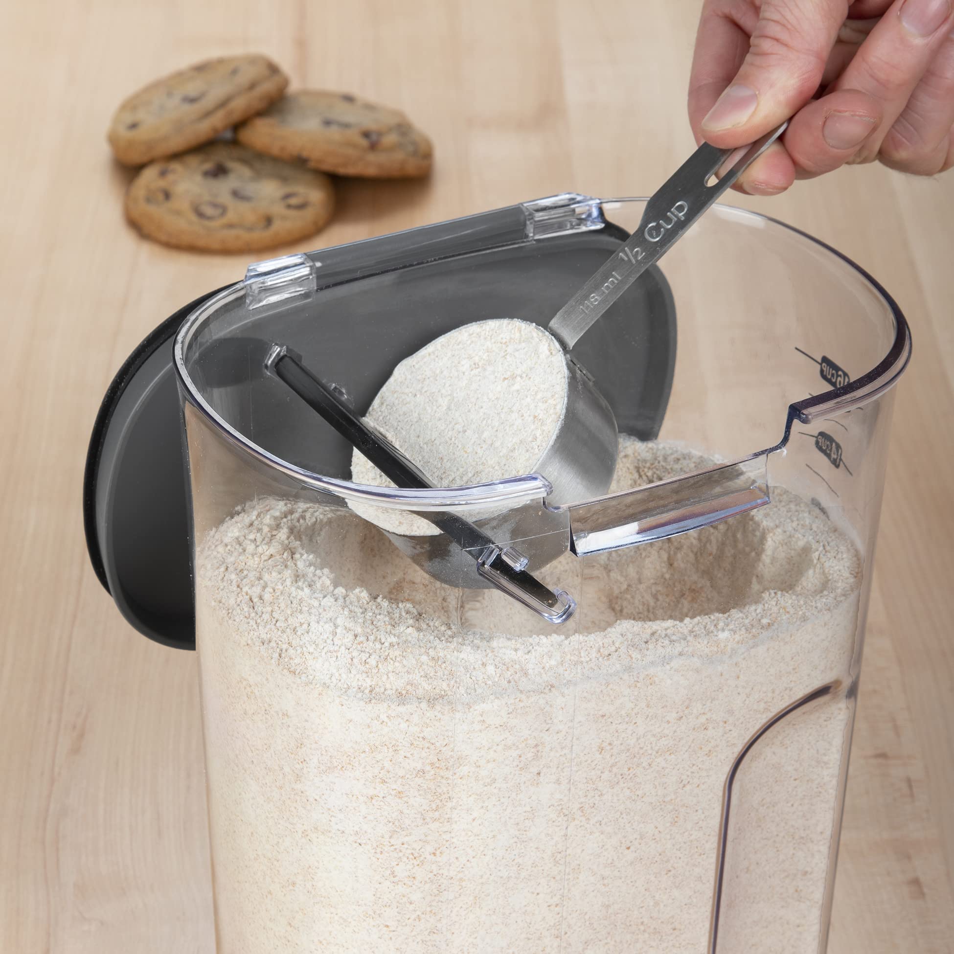 Progressive ProKeeper+ ½-cup scoop stored under lid for quick scooping.