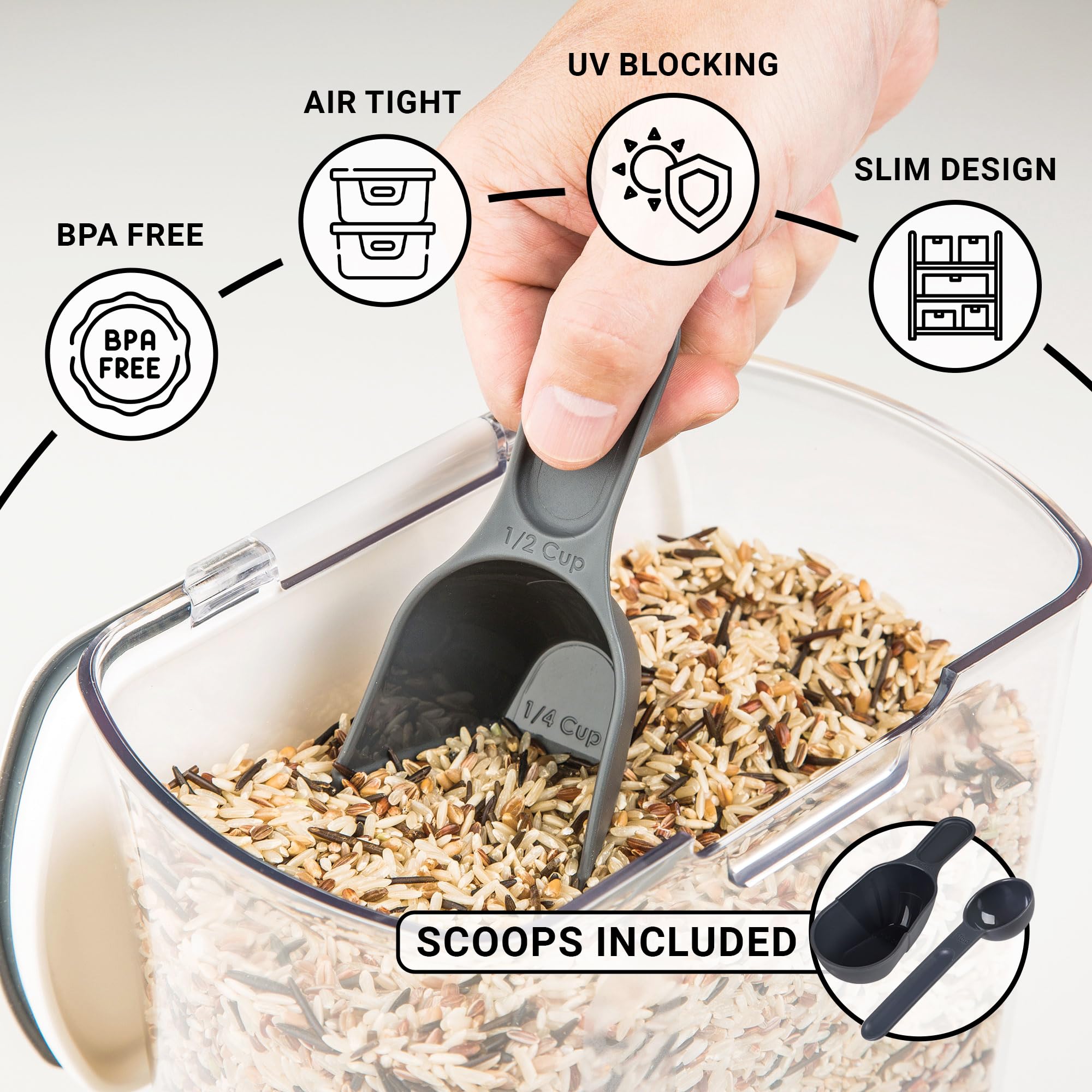 Progressive ProKeeper powdered sugar keeper includes leveling bar and dusting tool.