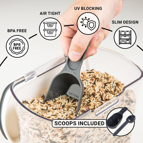 Progressive ProKeeper powdered sugar keeper includes leveling bar and dusting tool.