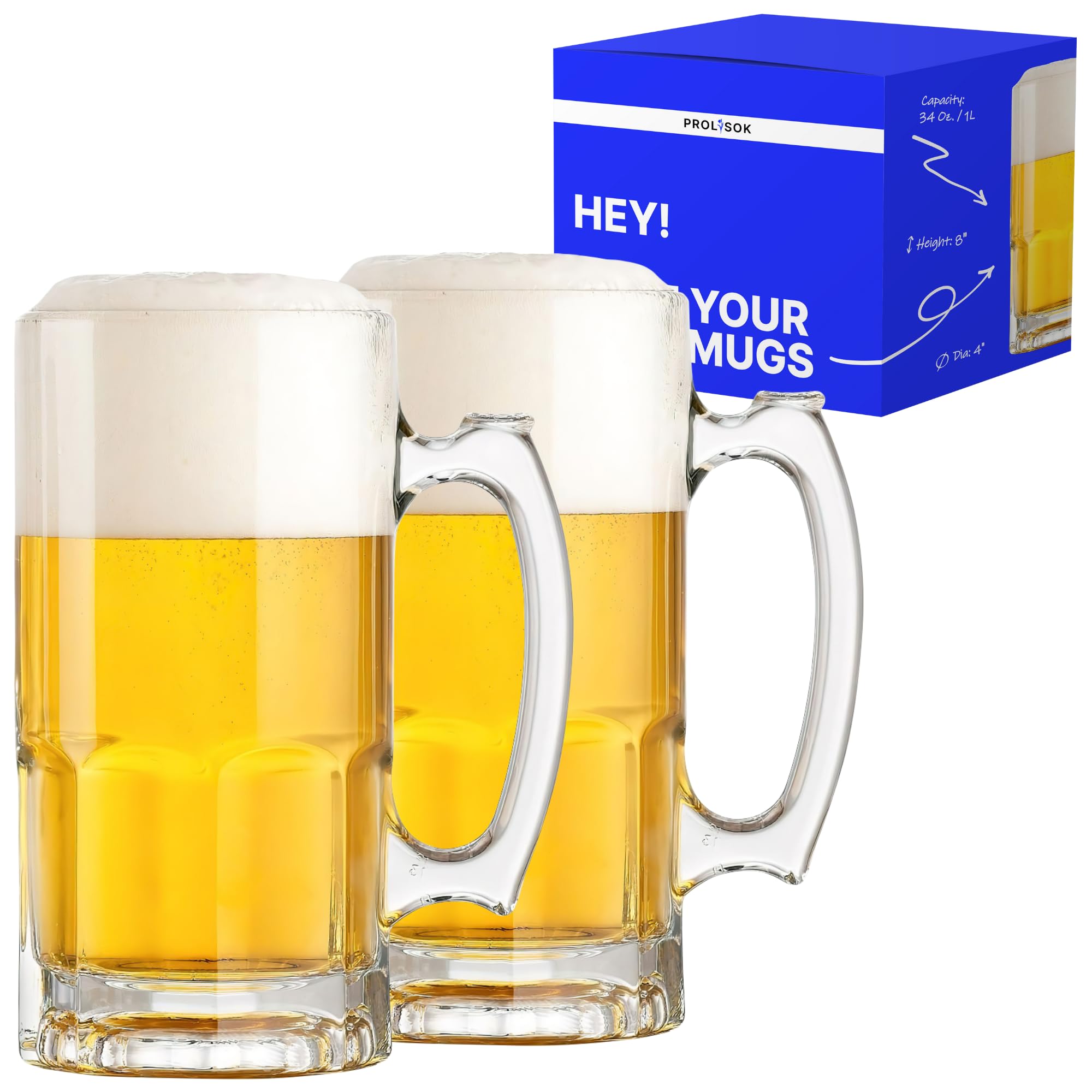 PROLISOK glass beer mugs with handle, two-pack, showcasing classic design and generous 34 oz capacity.
