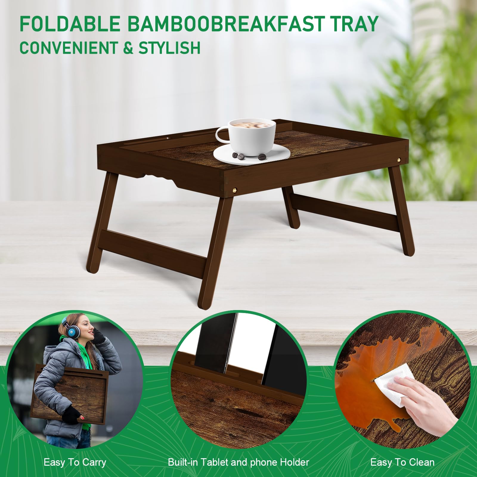 Promitop bamboo tray with detachable stand keeps tablet or phone within easy reach.