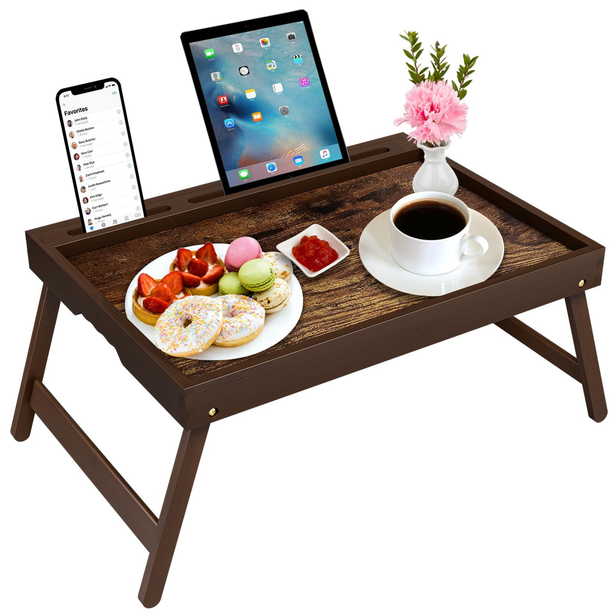 Promitop bamboo breakfast tray with foldable legs for easy storage and versatile use.