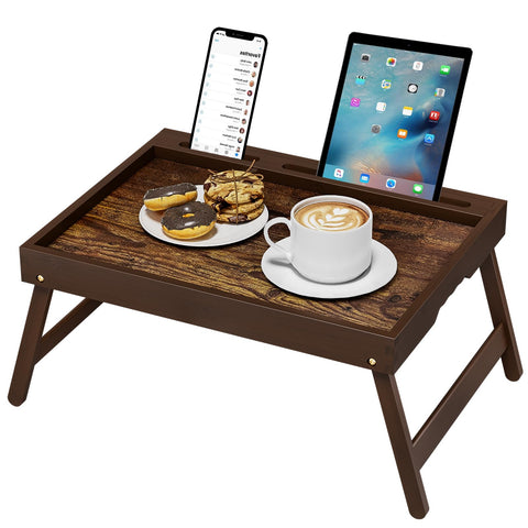 Promitop bamboo breakfast tray with foldable legs for compact storage and stable meals.