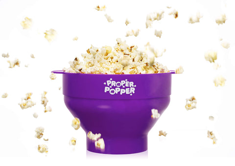 PROPER POPPER BPA-free silicone popcorn maker emphasizes safety and easy cleanup.