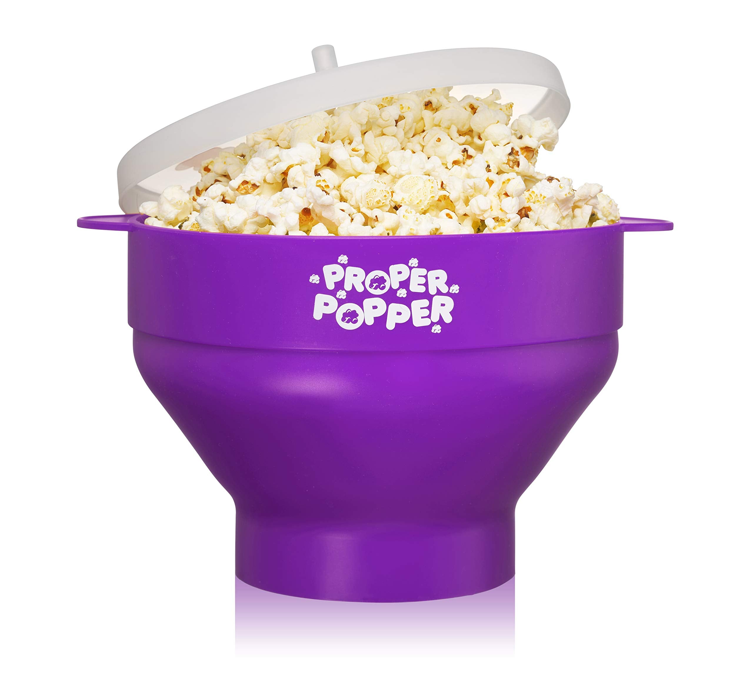 PROPER POPPER collapsible bowl for microwave popcorn, quick and mess-free.
