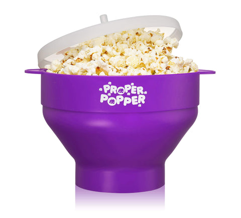 PROPER POPPER collapsible bowl for microwave popcorn, quick and mess-free.
