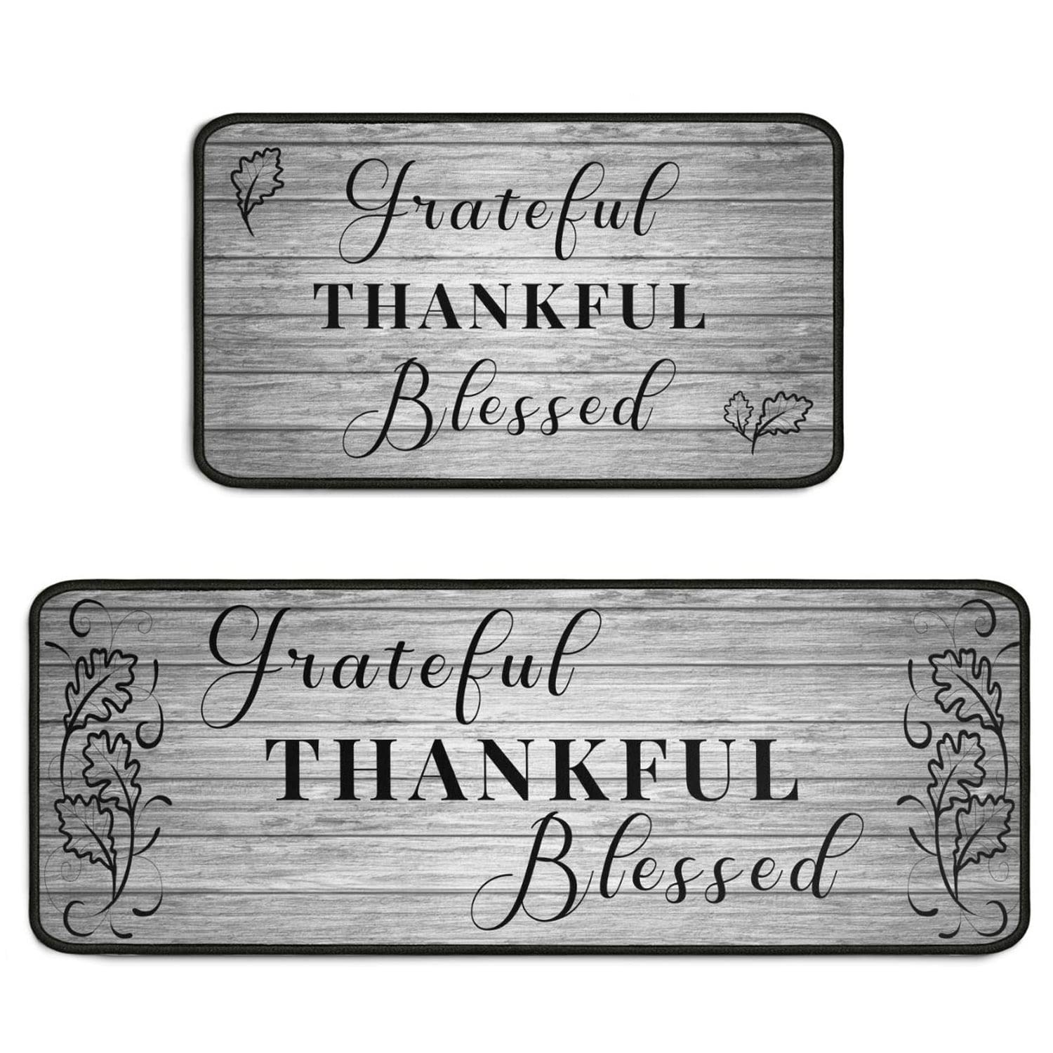 Protikol Grateful Thankful Blessed kitchen rug 17x30 angled view, cushioned comfort underfoot for longer cooking