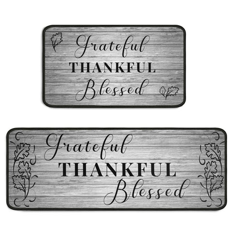 Protikol Grateful Thankful Blessed kitchen rug 17x30 angled view, cushioned comfort underfoot for longer cooking