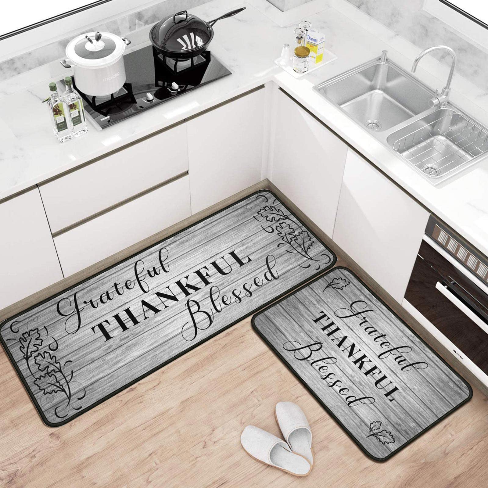 Protikol Grateful Thankful Blessed kitchen rug 17x47 angled view, absorbs spills to keep floors dry