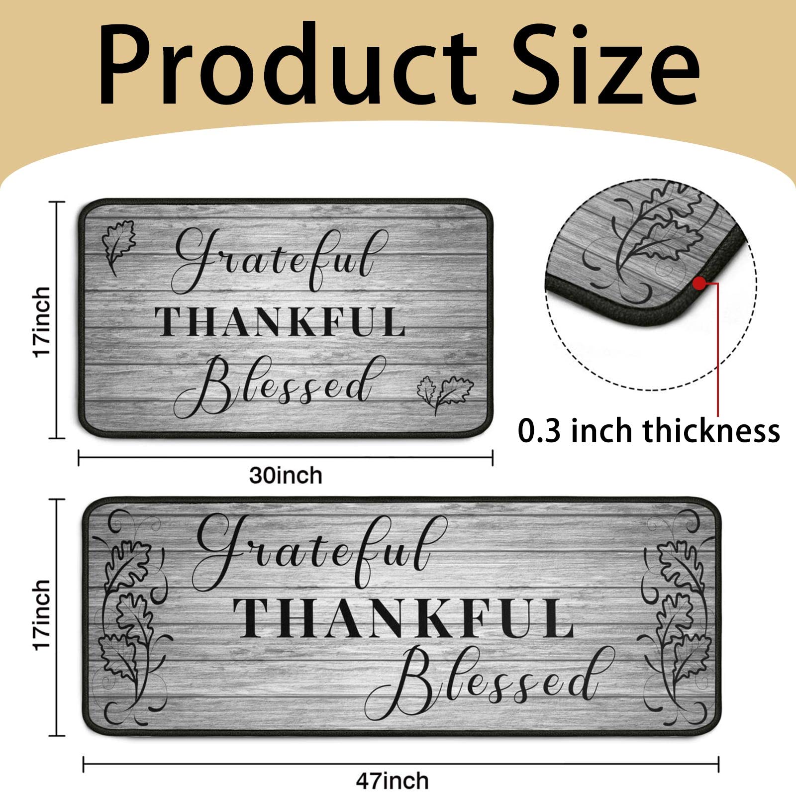 Protikol Grateful Thankful Blessed kitchen rug non-slip back, prevents slips on dry floors