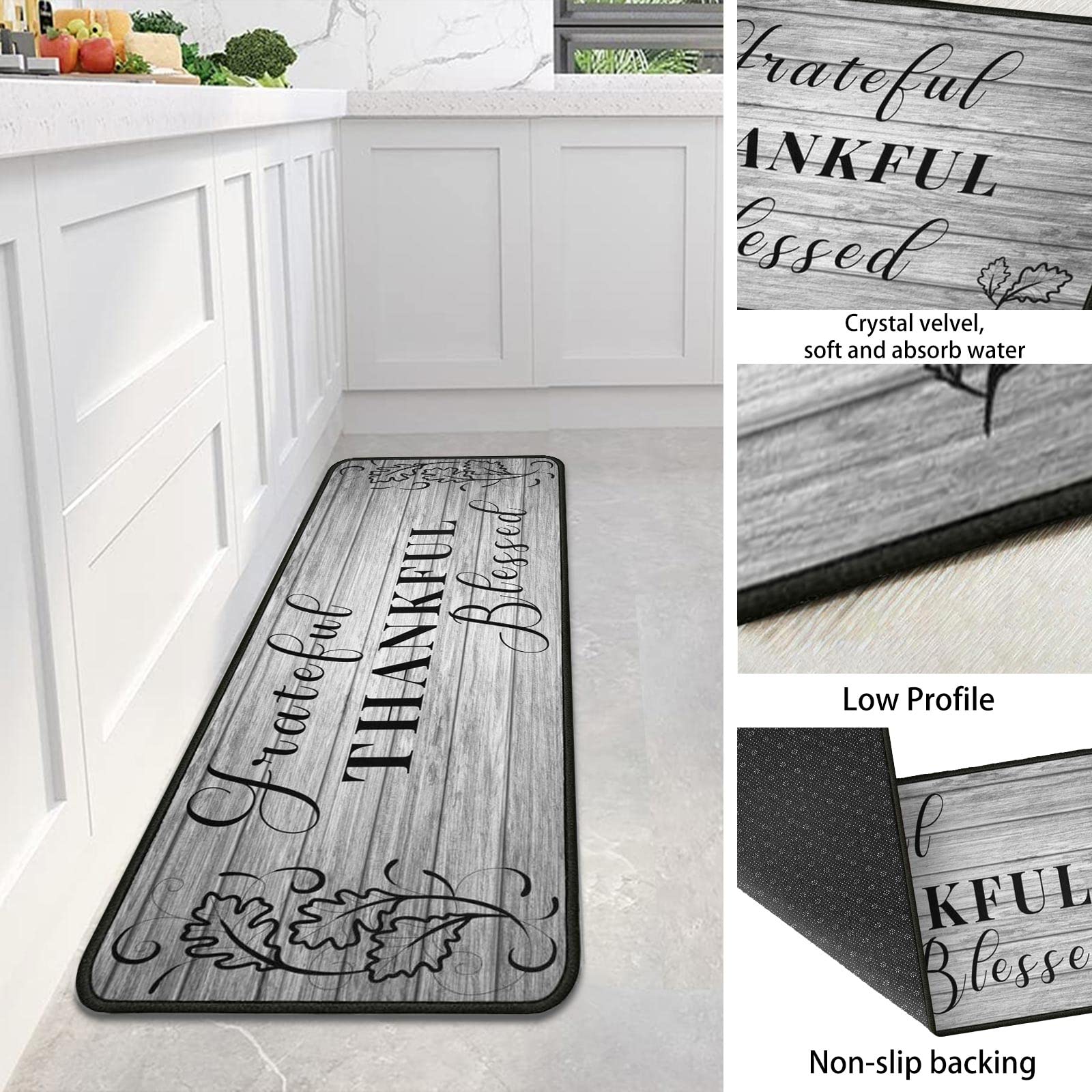 Protikol Grateful Thankful Blessed kitchen rug water-absorbent, handles spills with quick moisture uptake