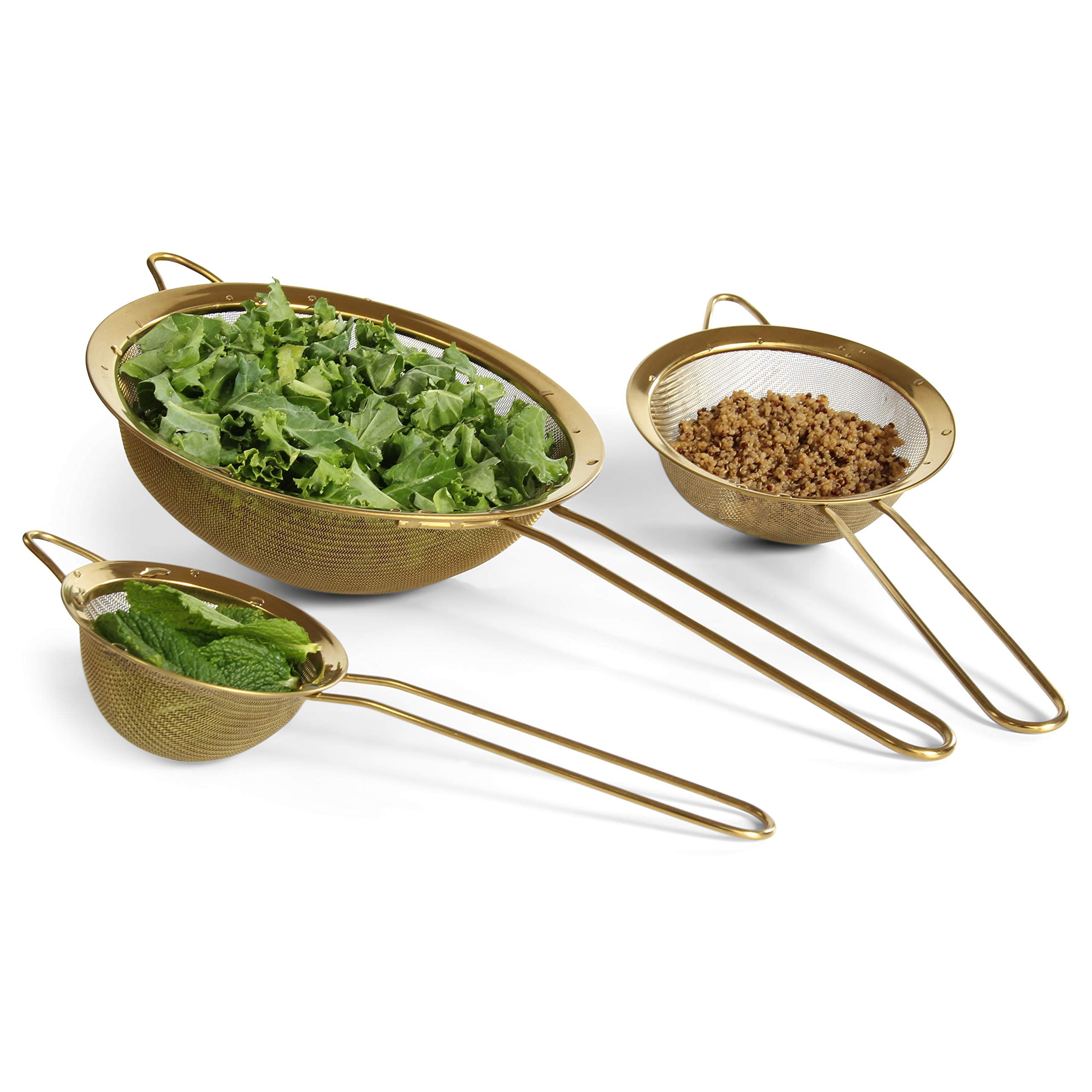 Proto Future 5.5-inch gold strainer with tight mesh ideal for vegetables and pasta
