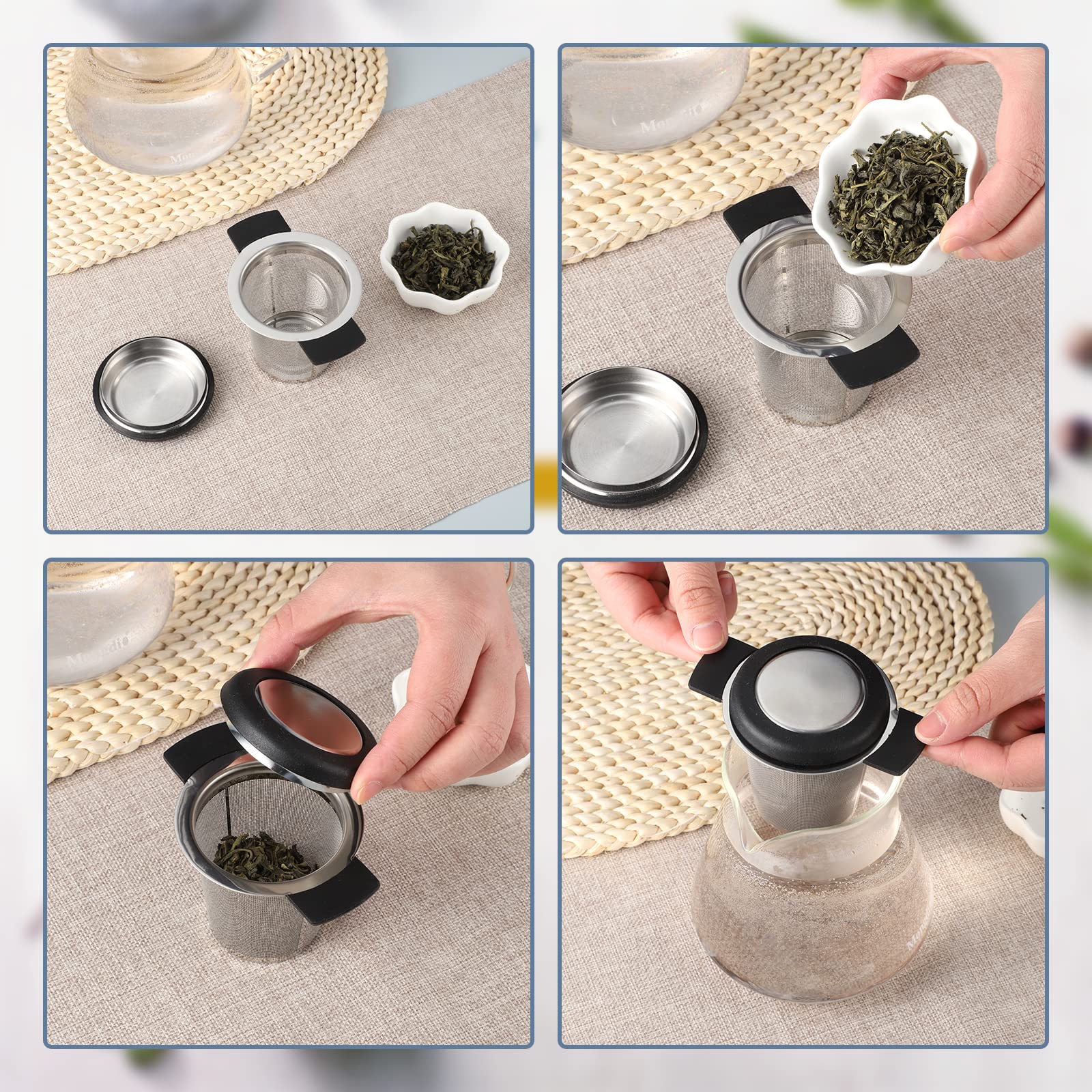 Prudiut tea strainer with handles stays stable on the cup.