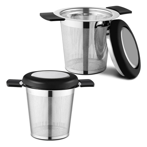 Prudiut tea strainer with lid on cup keeps tea hot and prevents spills.