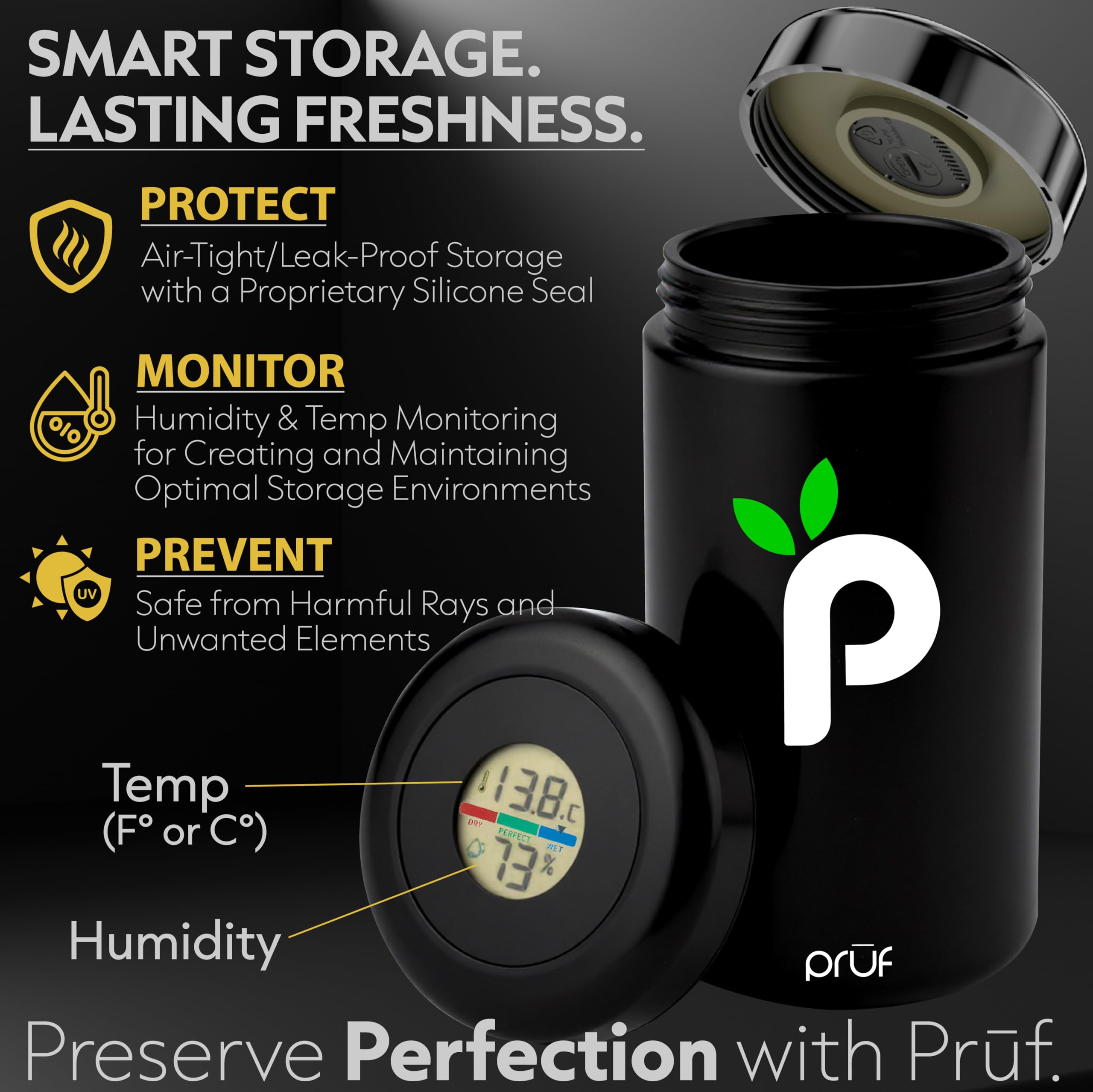 Prūf Jar with Boveda packs included balances humidity automatically for consistent storage.