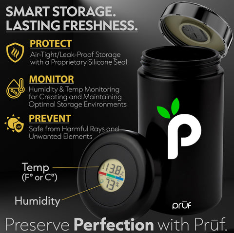 Prūf Jar with Boveda packs included balances humidity automatically for consistent storage.