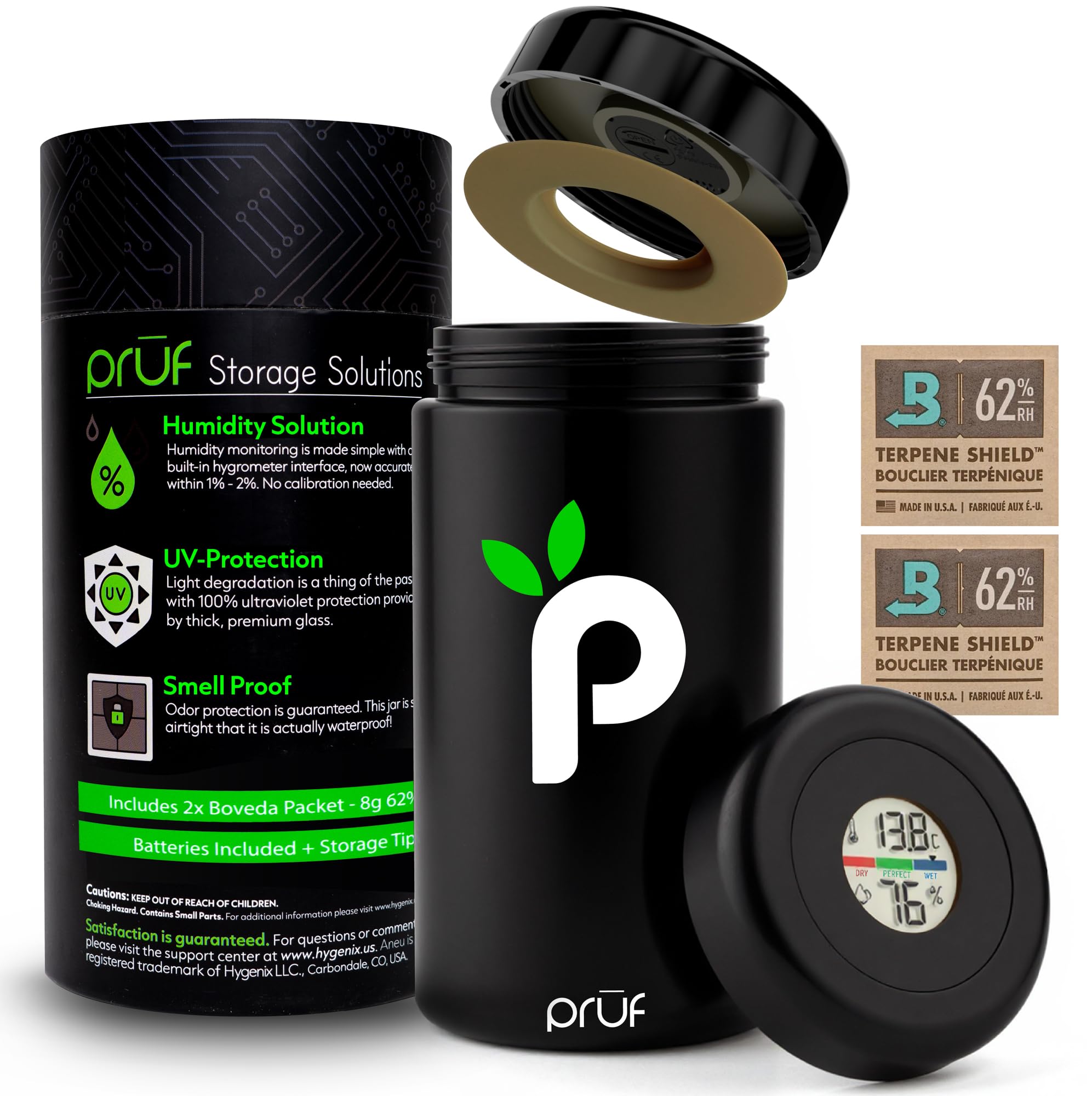 Prūf Jar hygrometer front view tracks humidity for precise storage decisions.