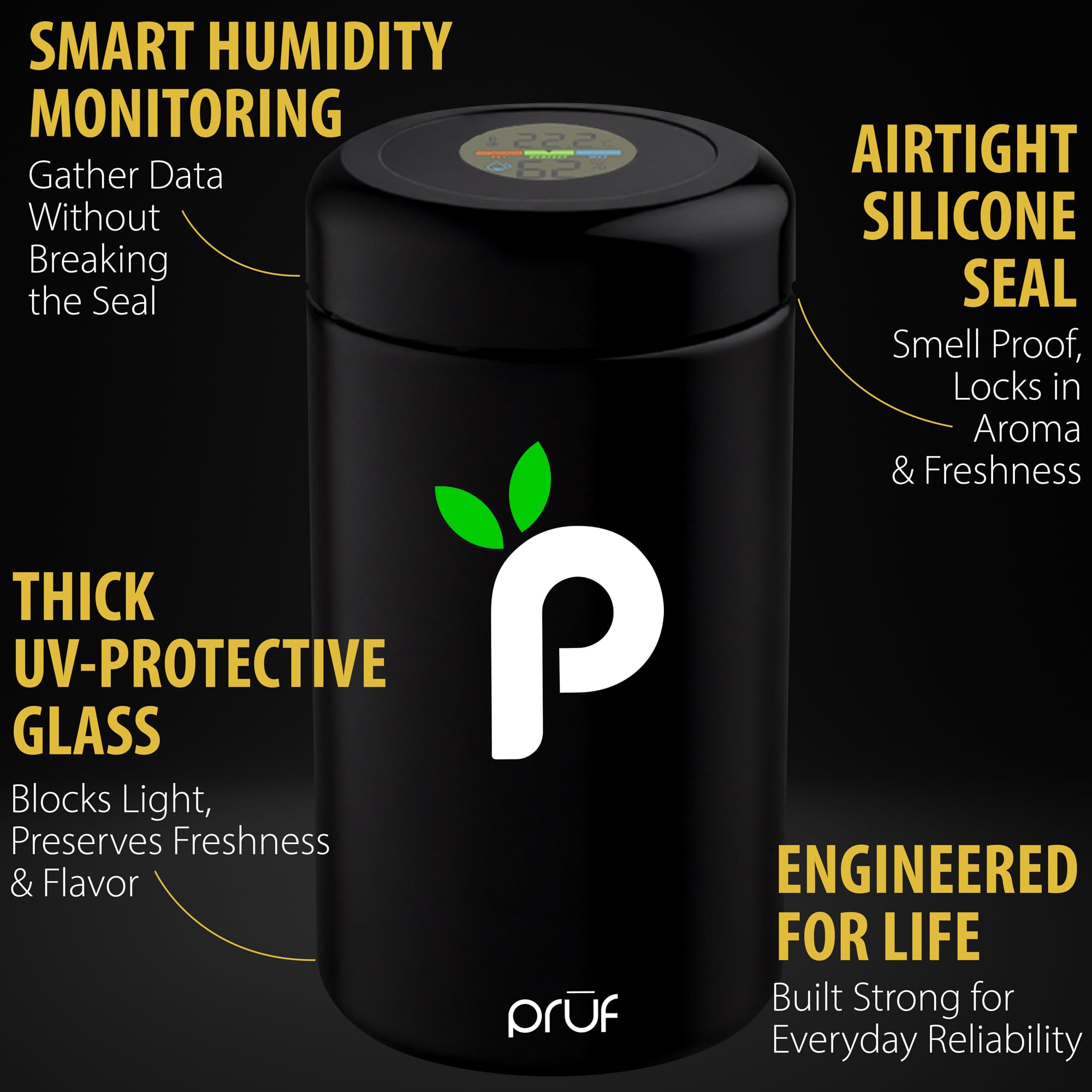 Prūf Jar UV glass side view blocks light, preserving aroma and freshness.