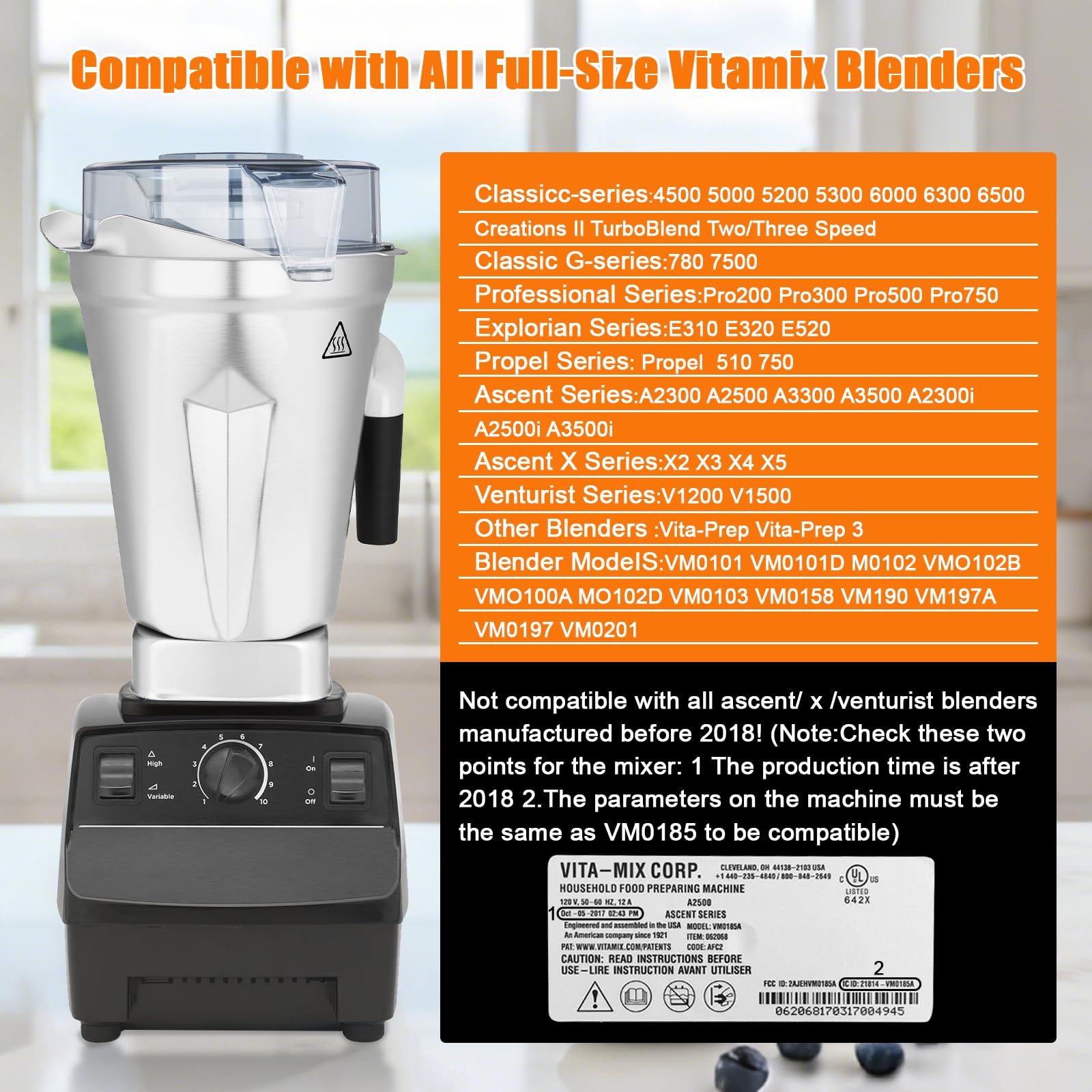 Psasrm 64oz stainless steel container side view Vitamix compatibility shown.