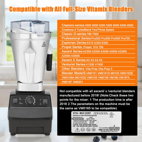 Psasrm 64oz stainless steel container side view Vitamix compatibility shown.