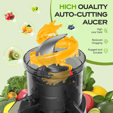 PSIIDAN juicer feed chute highlights extra-wide 4.5 inch opening for whole-fruit juicing.