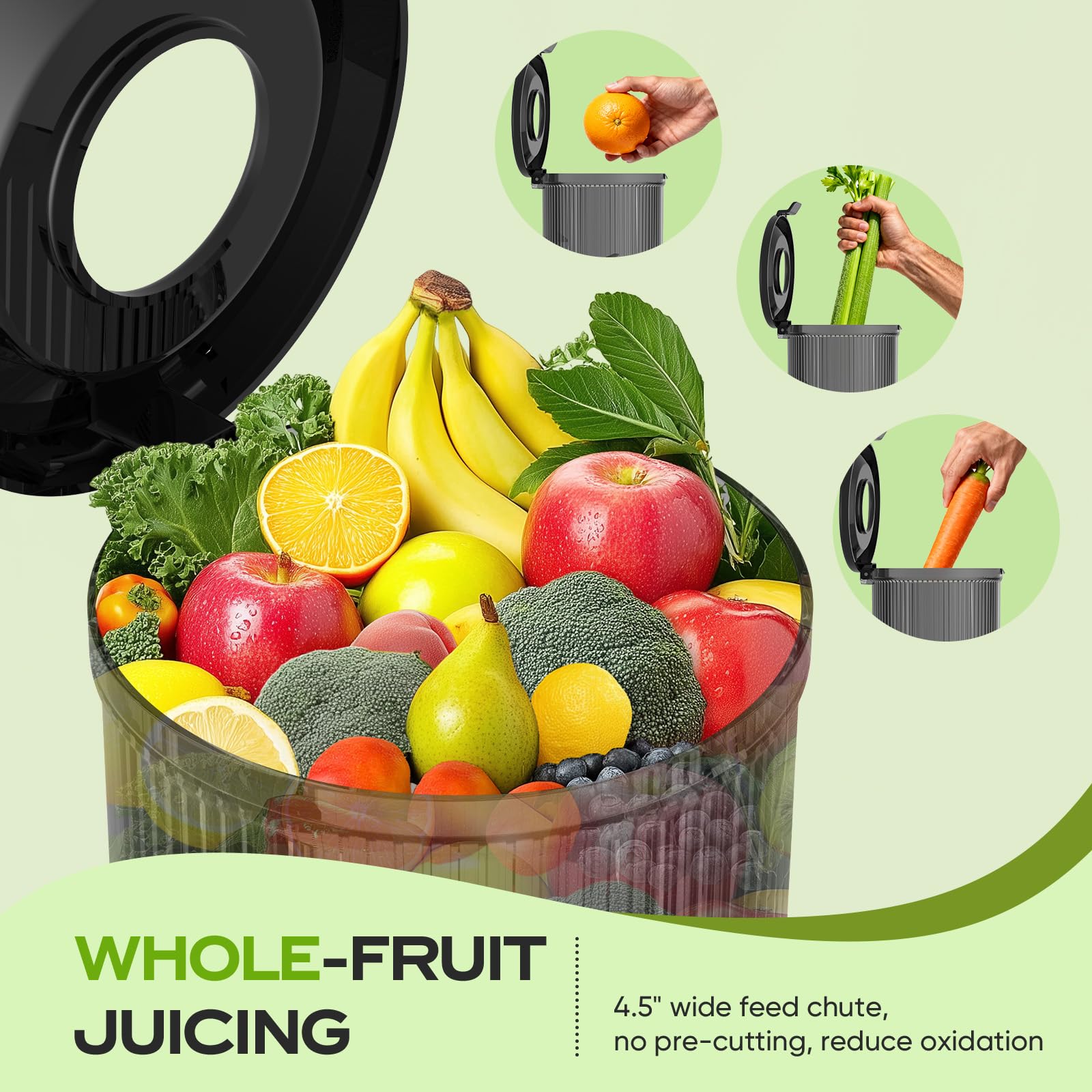 PSIIDAN juicer motor powers 150W performance for hard roots and greens.