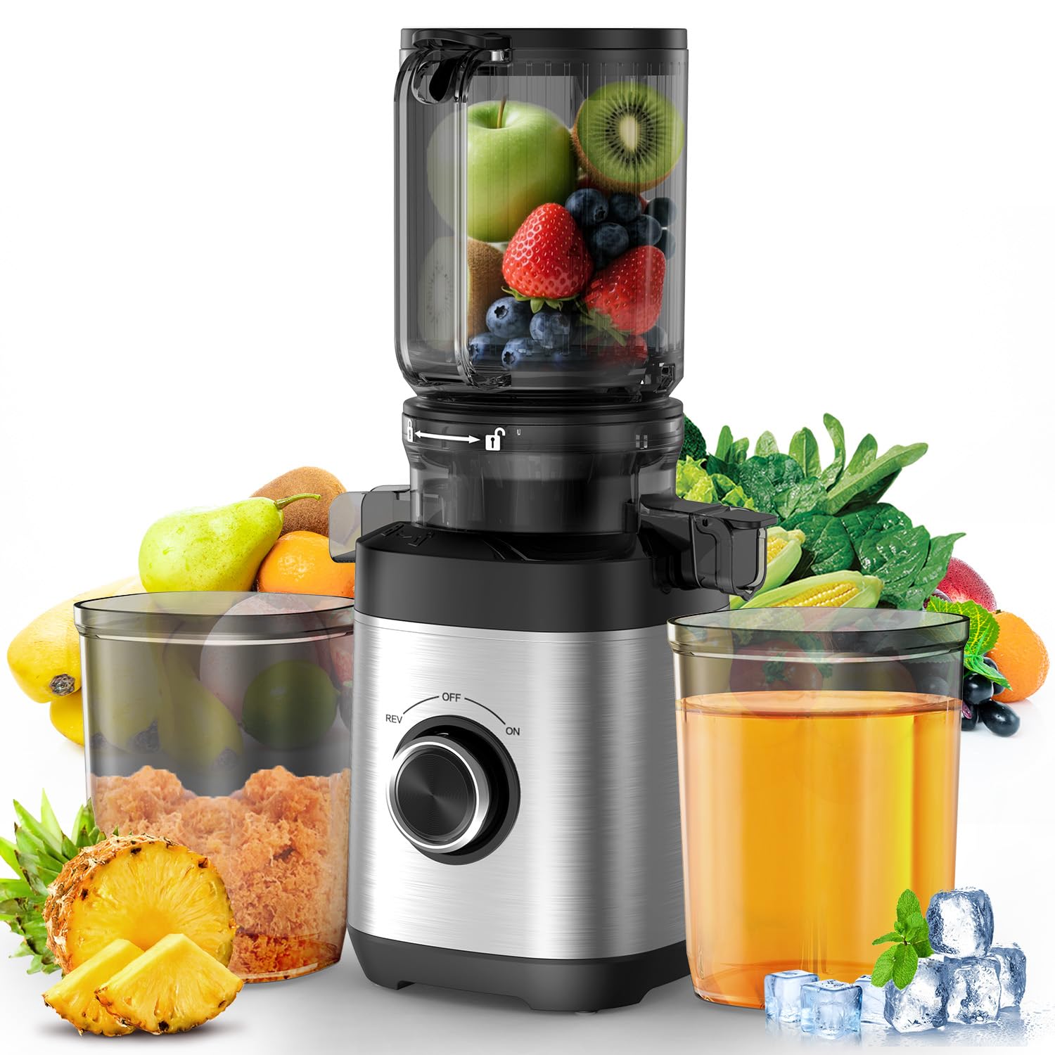 PSIIDAN juicer with a 4.5-inch wide chute for fast prep and whole-fruit juicing.
