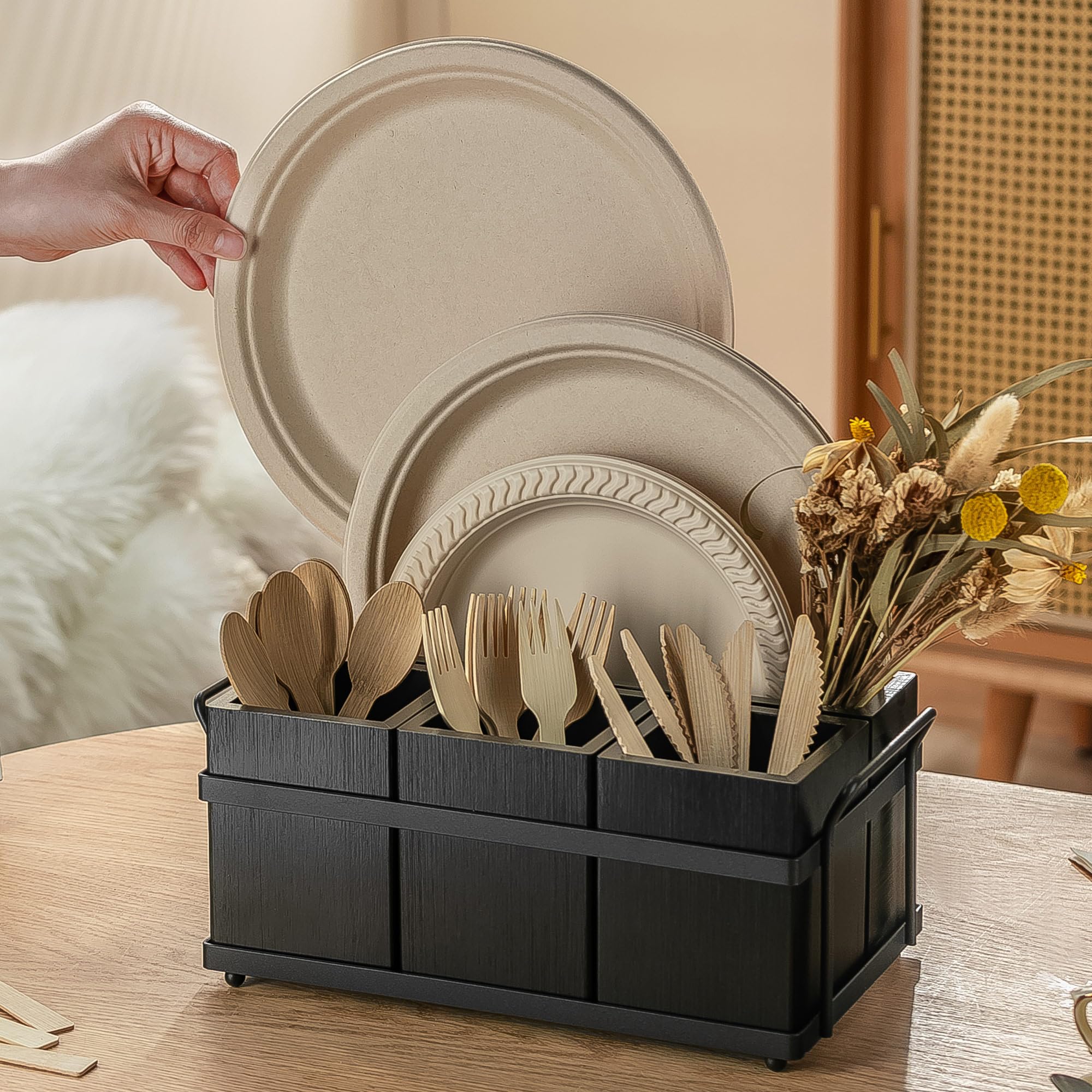 PTSTING paper plate dispenser keeps eight-inch plates ready for quick serving and cleanup.