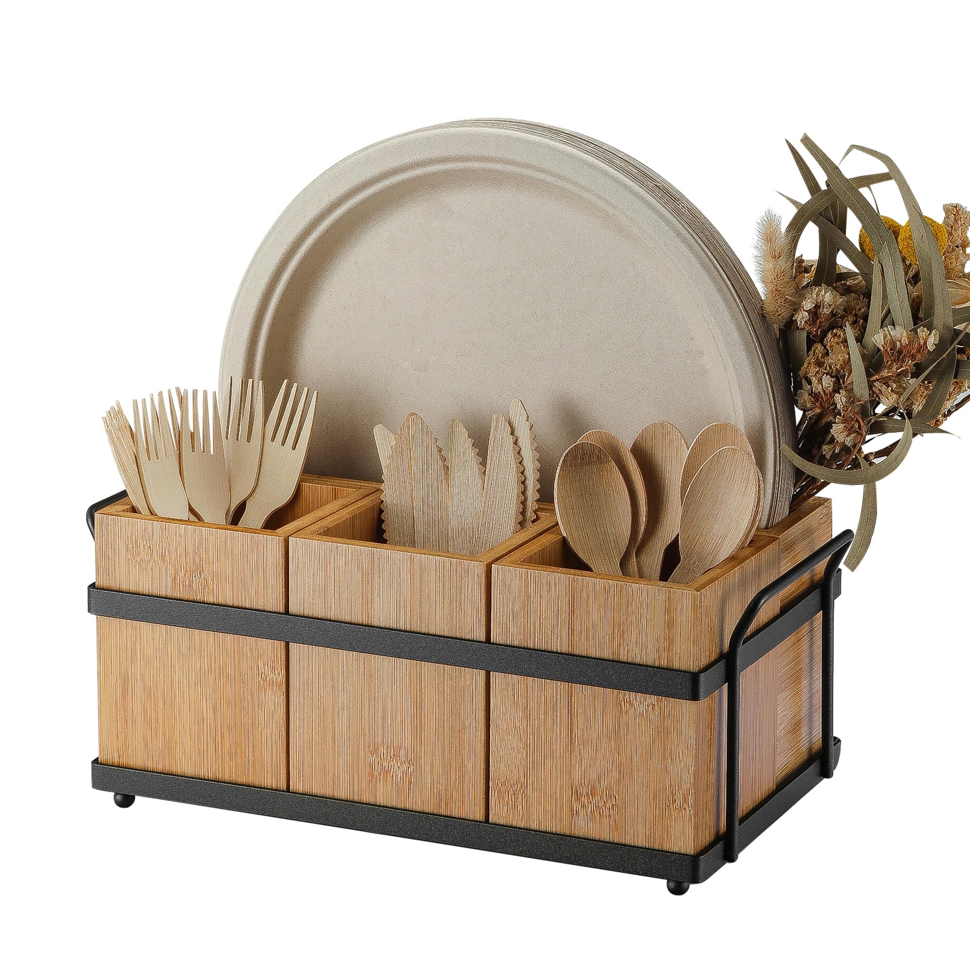 PTSTING silverware caddy with wood build, portable organization for meals and picnics