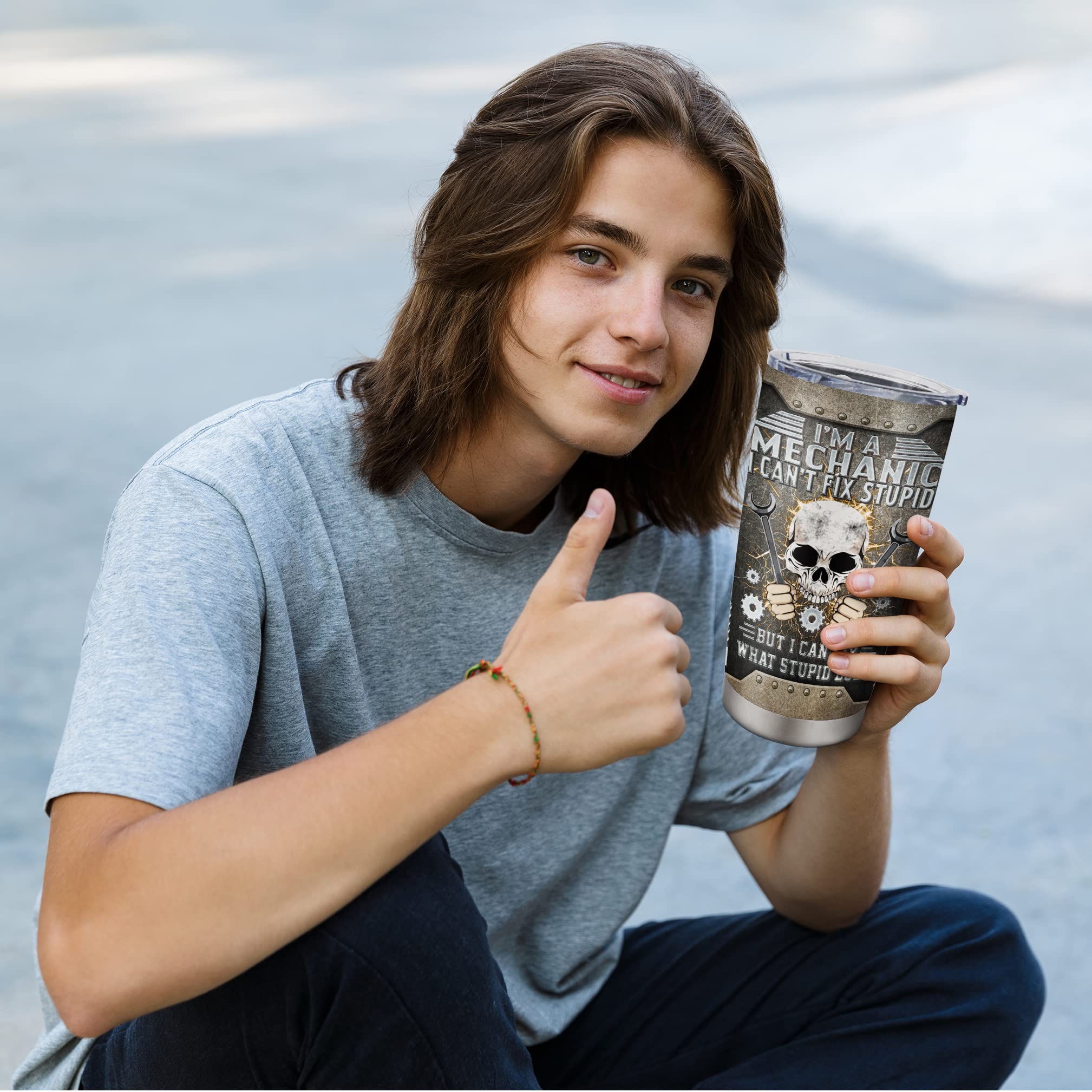 Pudmaple tumbler side print highlighting mechanic theme and sturdy construction