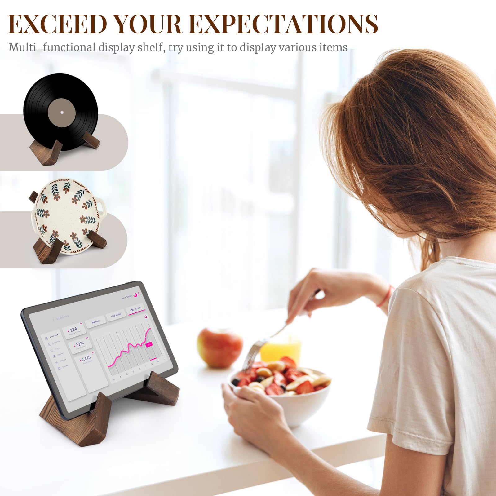 PUERSI cookbook stand demonstrates adjustable reading angle for comfortable use.