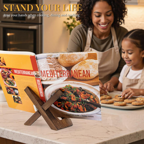 PUERSI cookbook stand on counter securely holds hardcover cookbook.