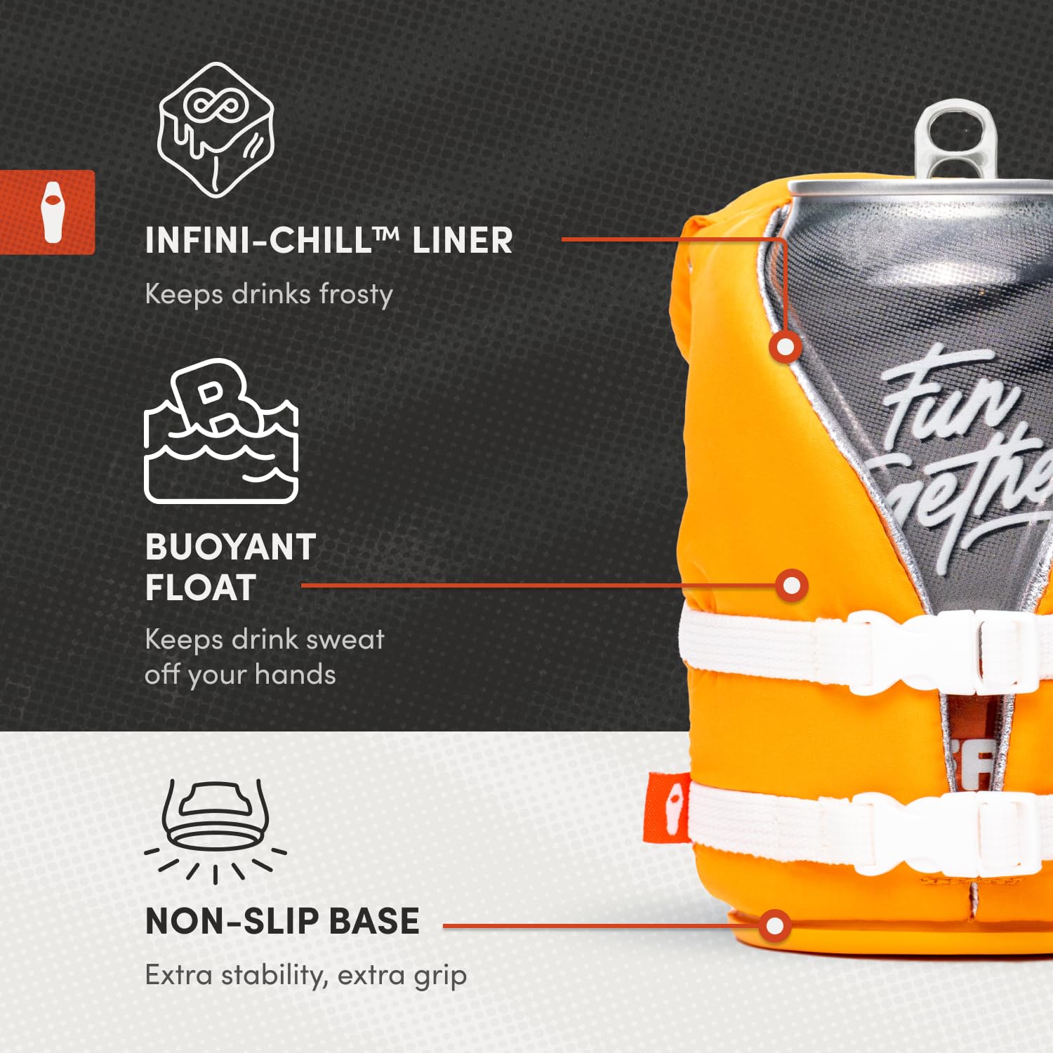 Puffin buoyant life vest on water with cool beverage app