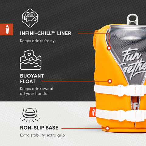 Puffin buoyant life vest on water with cool beverage app