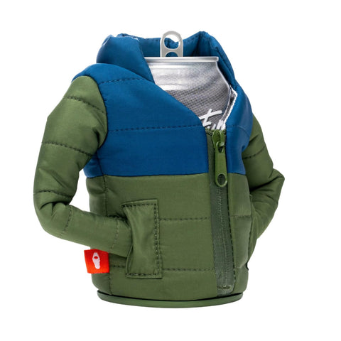Puffin Puffy Jacket olive-green on table with a chilled beverage.