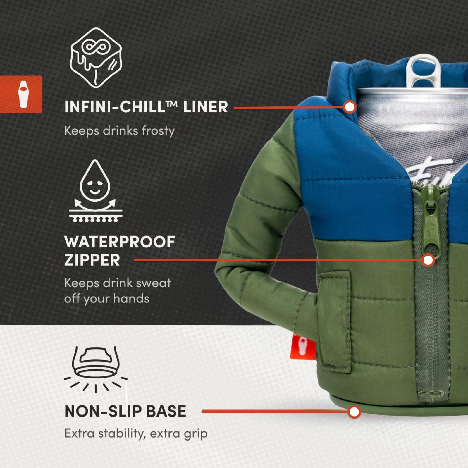 Puffin Puffy Jacket sailor-blue outdoors with a cold drink.