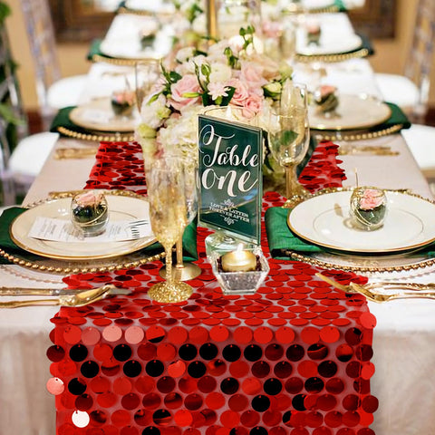 Pufogu big payette sequin table runner red creates dramatic banquet vibes.