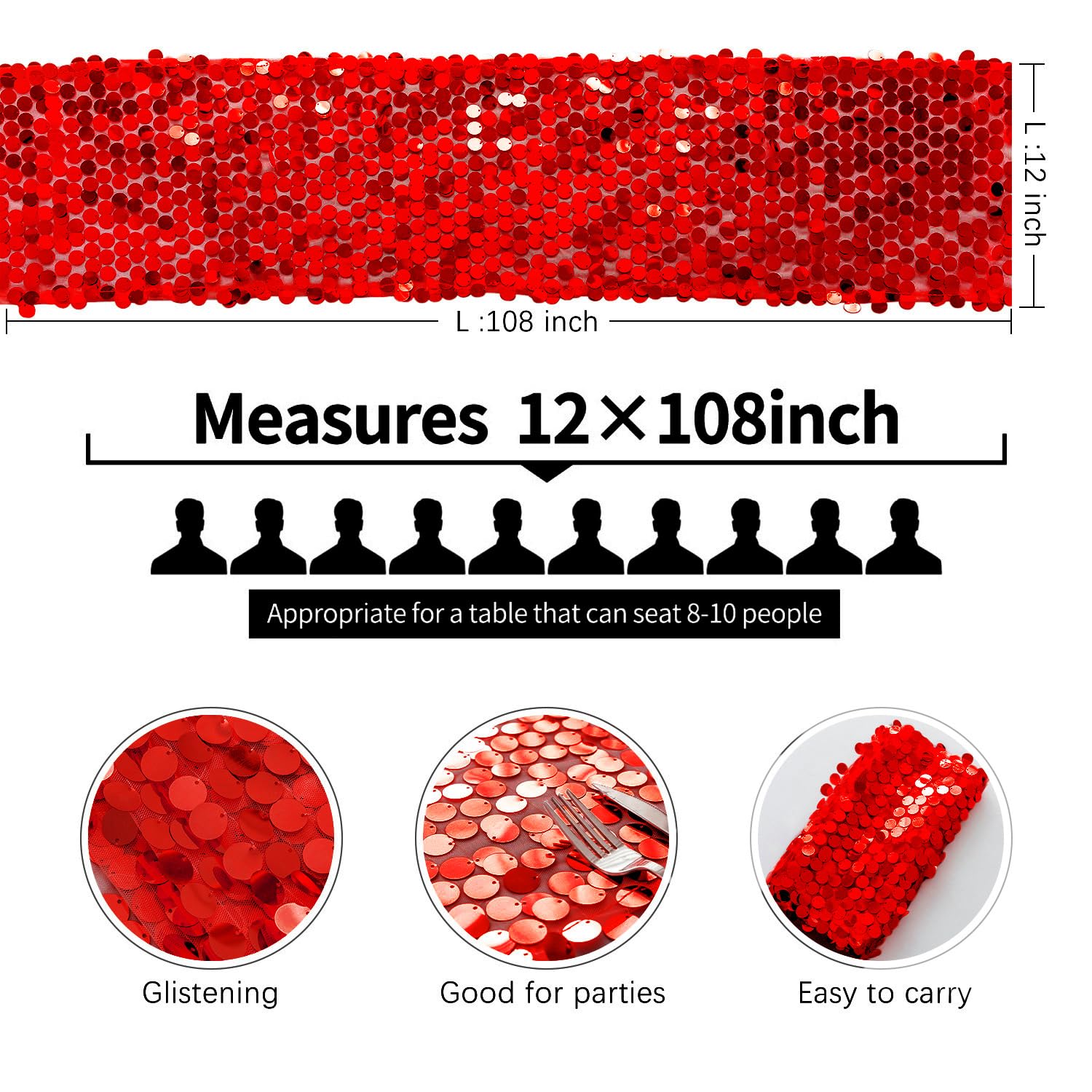 Pufogu holiday banquet sequin runner in red sparkles for decor.