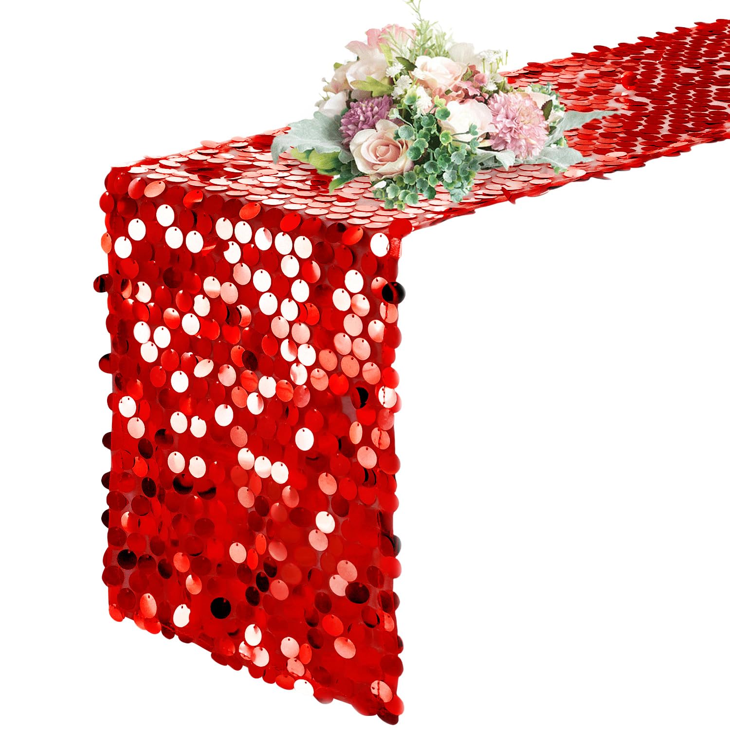 Pufogu sequin table runner in red glitter enhances 12x108 table setups.