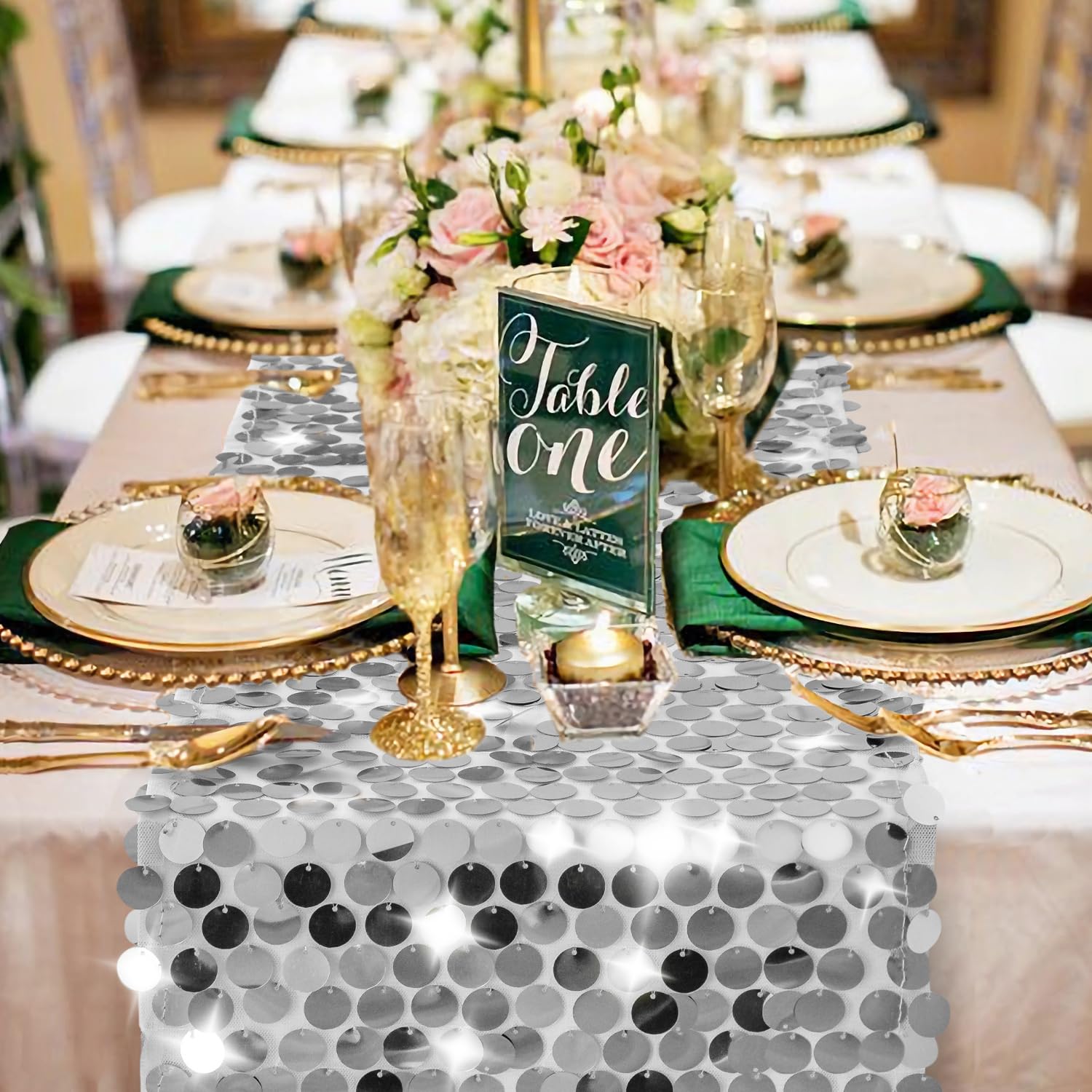 Pufogu silver glitter runner enhances holiday banquets with sparkle.