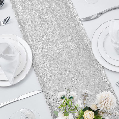 Pufogu sequin table runner on a dining table enhancing banquet ambiance.