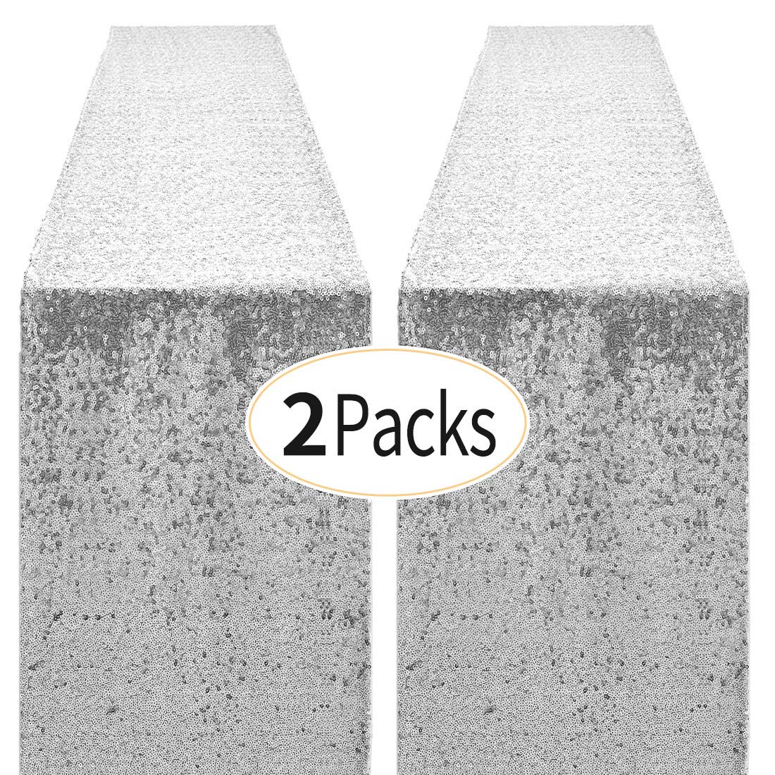 Pufogu silver sequin table runner on a table adds festive shimmer for events.